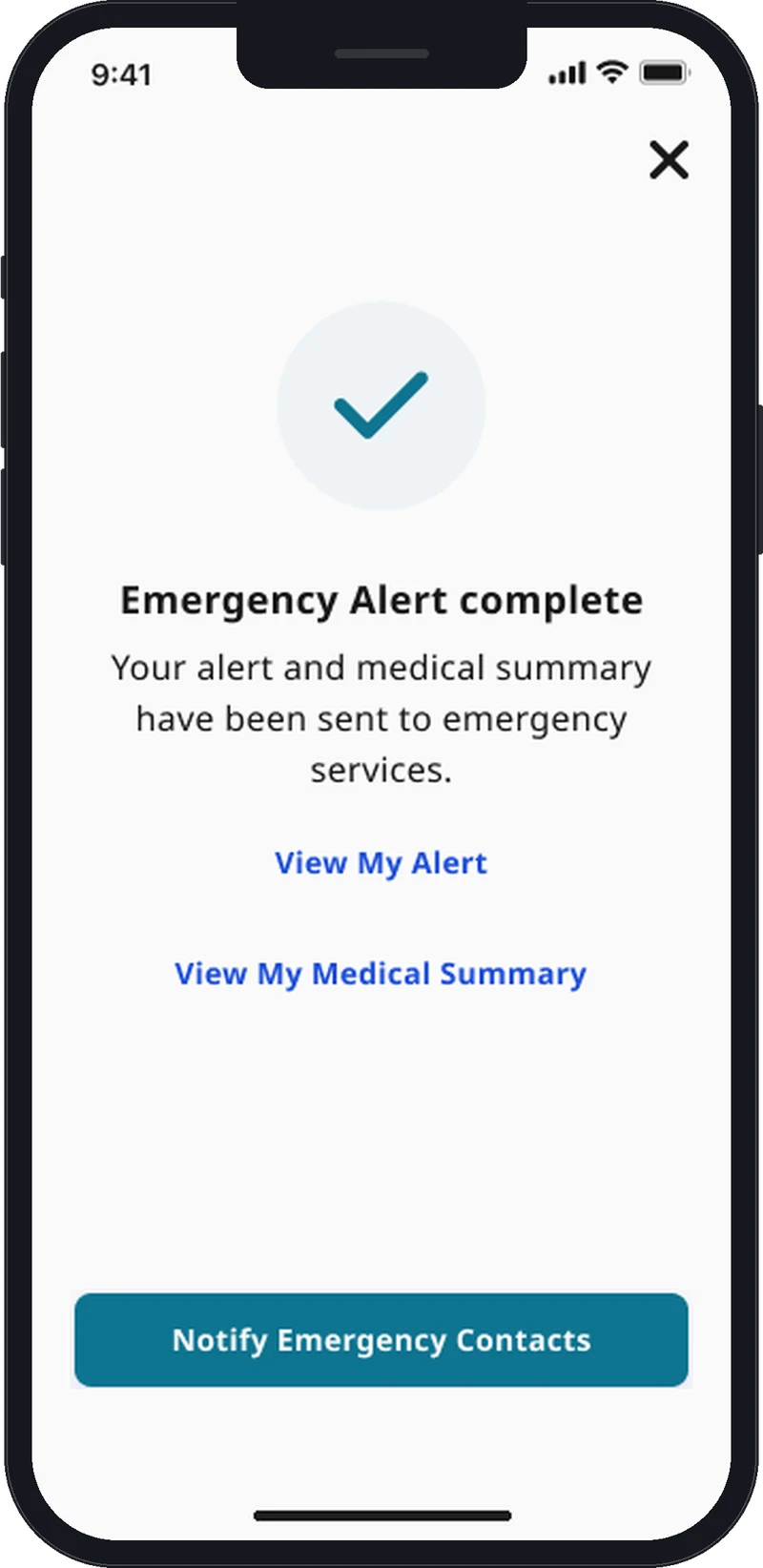 TapSOS app screen on a phone. Emergency Alert complete: your alert and medical summary have been sent to emergency services, with links to view your alert, view your medical summary and notify emergency contacts.