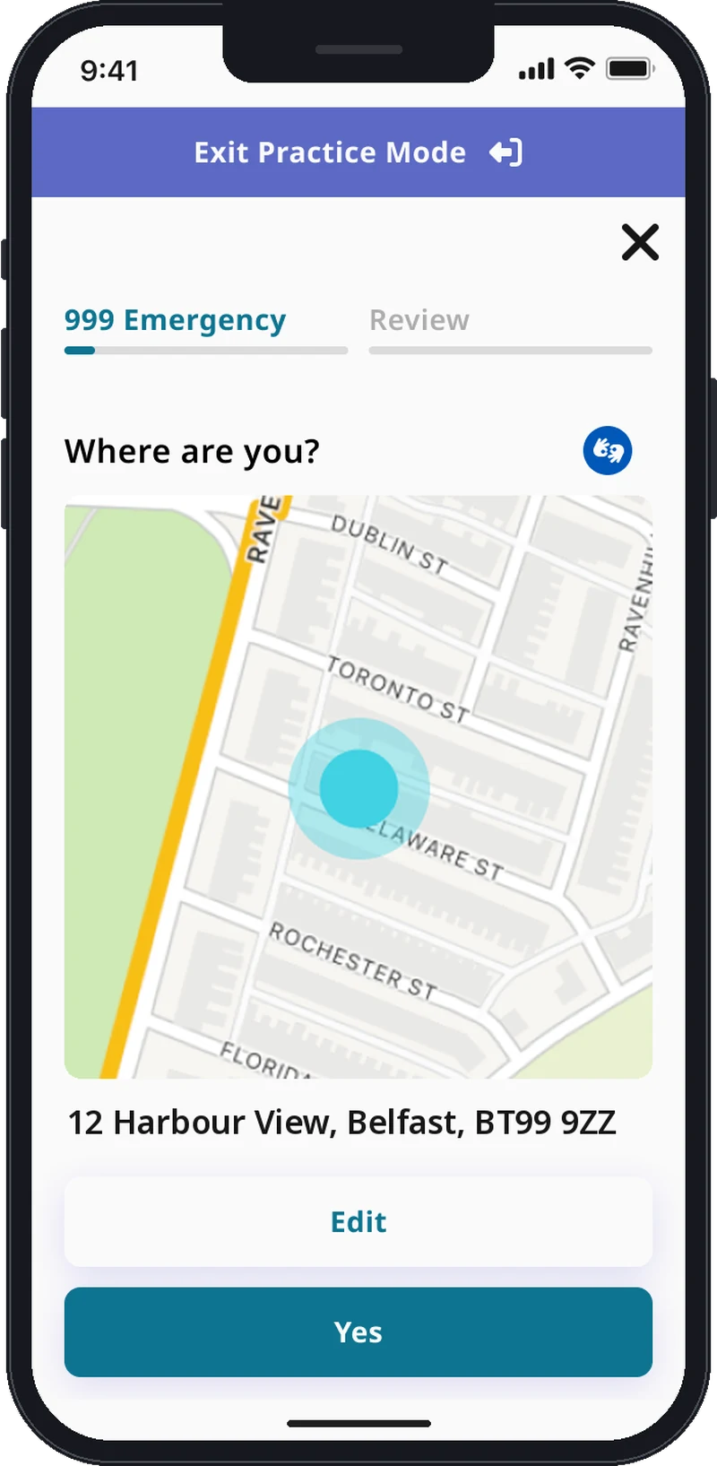 TapSOS app in practice mode on a phone. An Exit Practice Mode bar sits at the top, and the screen asks Where are you? with a map of Belfast, an example address, and Edit and Yes buttons.